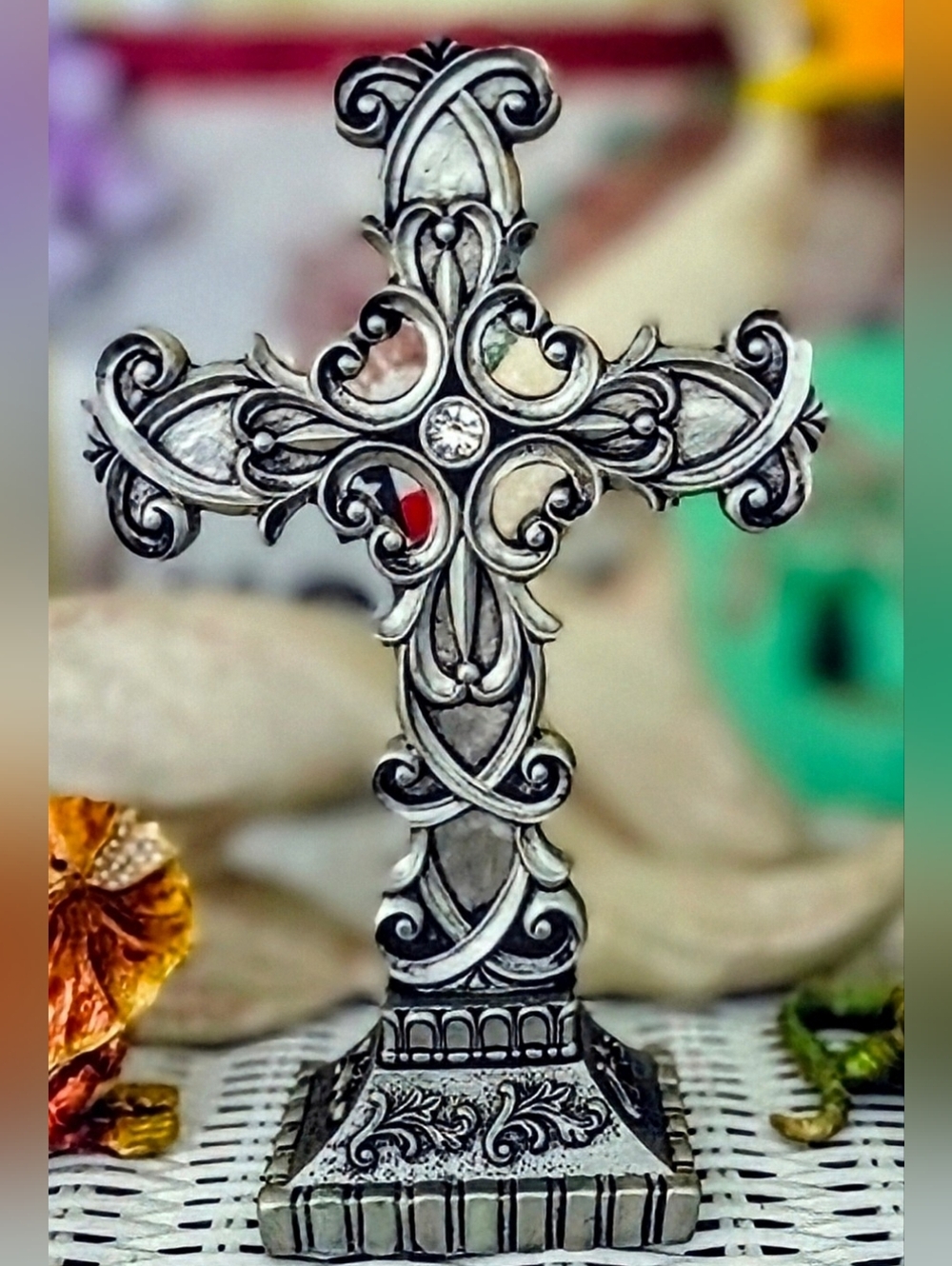 All For Giving Ornate Antiqued Silvertone Resin Decorative Cross. Scroll.